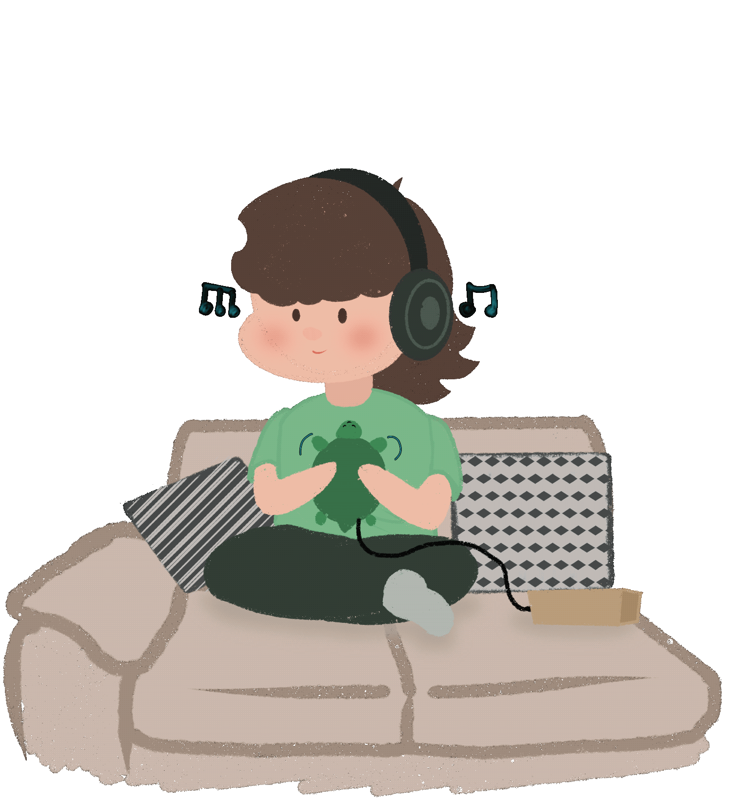 bass turtle character relaxing on a sofa with headphones